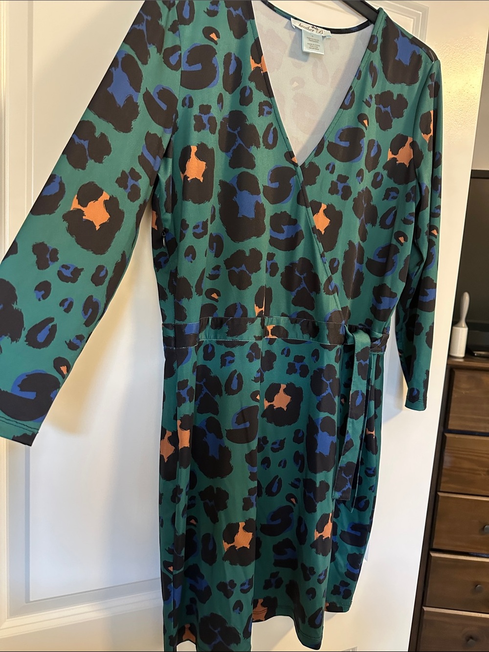 Teal Leopard Print Wrap Dress with Waist Tie - Picture 3 of 4